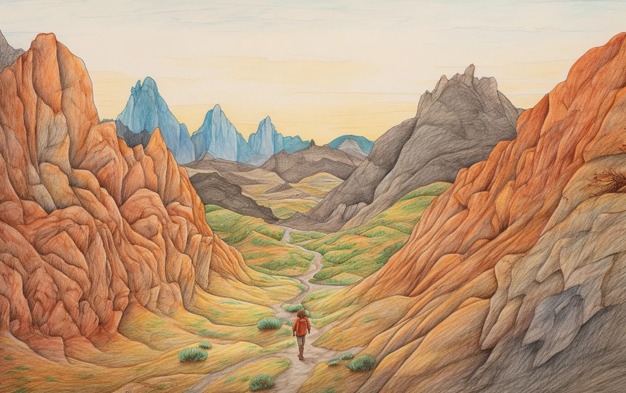 Sketch of person walking through the mountains